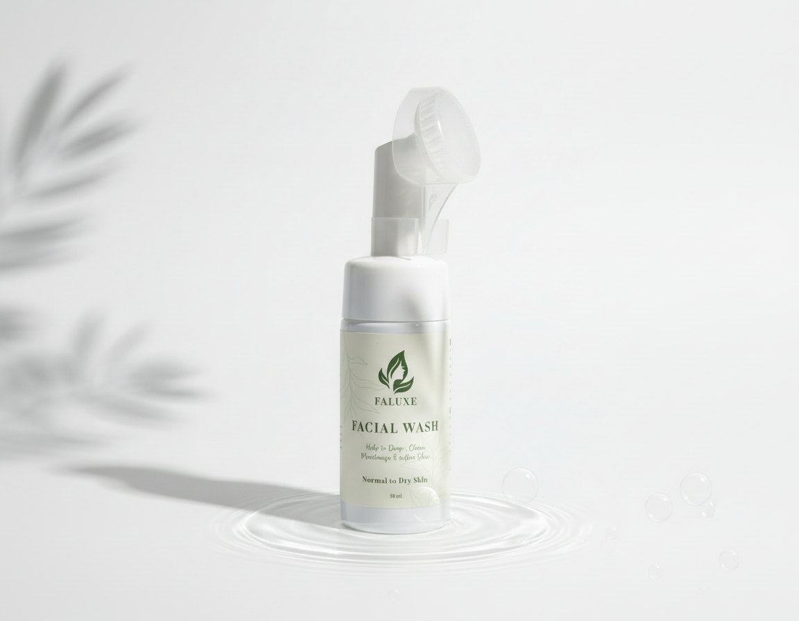 Faluxe botanical skincare collection displayed with natural stones.